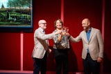 General manager Andreas Blühm, business director Esther Moesker and director Evert van Os (Museum Singer Laren) toast to the returned Van Gogh at the press conference 'Van Gogh back in the Groninger Museum'