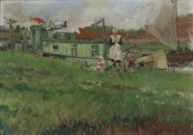 Ben Walrecht, Rustende meisjes bij woonboten aan de Oosterhamrikkade, 1934