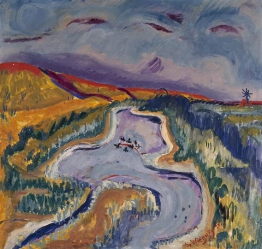 Jan Wiegers, Poel met eenden achter waddendijk eendekooi op Ameland, Groninger Museum, langdurig bruikleen collectie Stichting De Ploeg