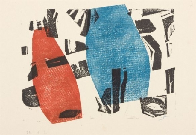 Jan Gerrit Jordens, Compositie met rode en blauwe vormen, Groninger Museum, langdurig bruikleen collectie Stichting De Ploeg