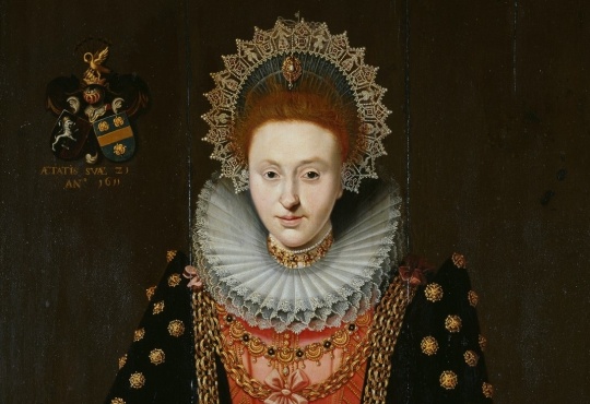 Josina Manninga, 21 jaar, 1611 (detail), collectie Groninger Museum, te zien in de Menkemaborg Uithuizen, Fries-Groningse meester