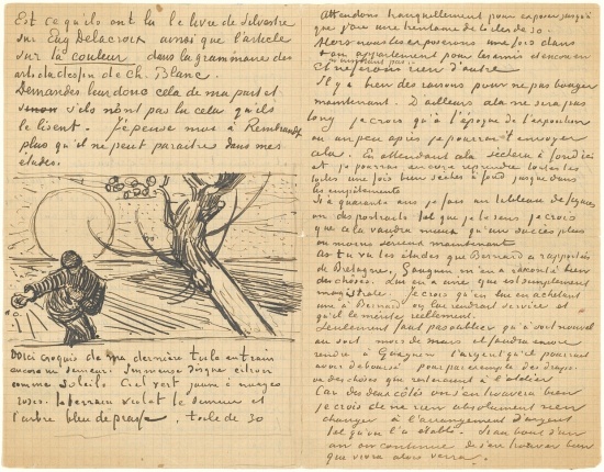 Brief van Vincent van Gogh aan Theo van Gogh met schets van Zaaier met ondergaande zon (verso) Vincent van Gogh, c. 21 november 1888