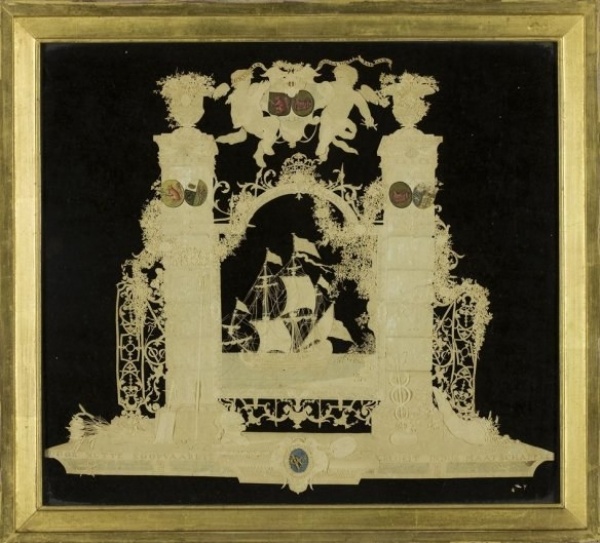 C. Koster, ereboog zilveren bruiloft Jan Albert Sichterman en Sibilla Volkera Sadelijn, 1746 (papier)