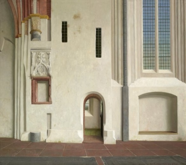 Henk Helmantel. De Noordmuur van de Nicolaïkerk in Appingedam met doorkijk naar de sacristie, olieverf op paneel, 2012