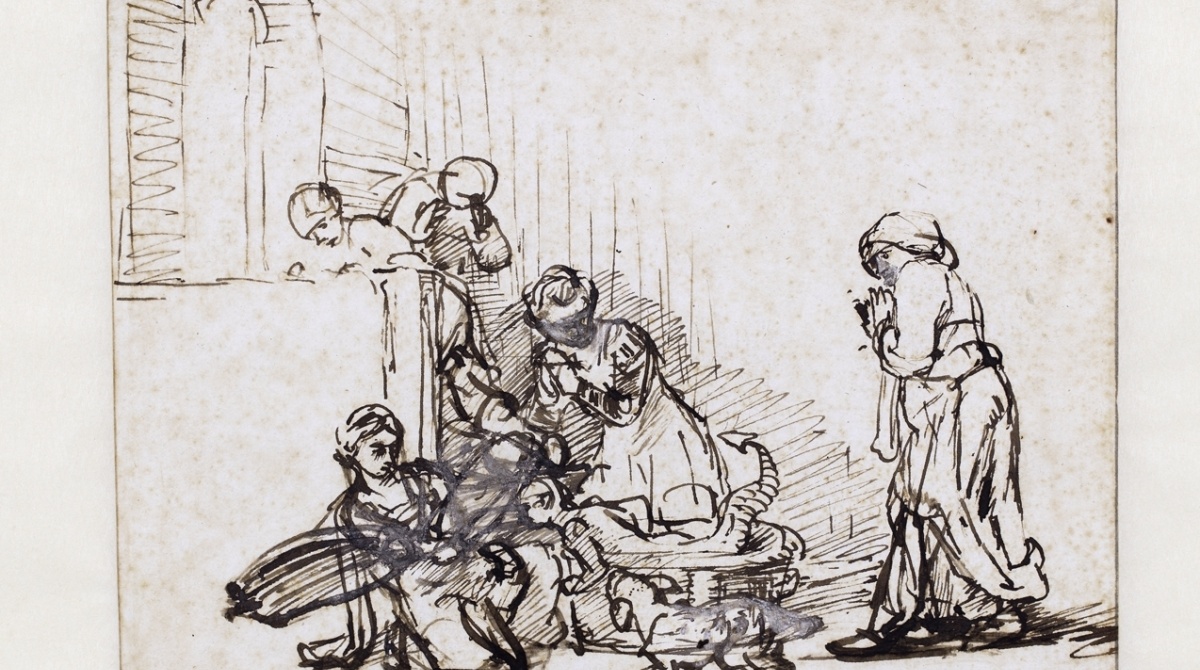 Attributed to Rembrandt, The daughters of Cecrops finding Erichthoneus, ca. 1640-1645, drawing, pen and brush with brown ink on white paper