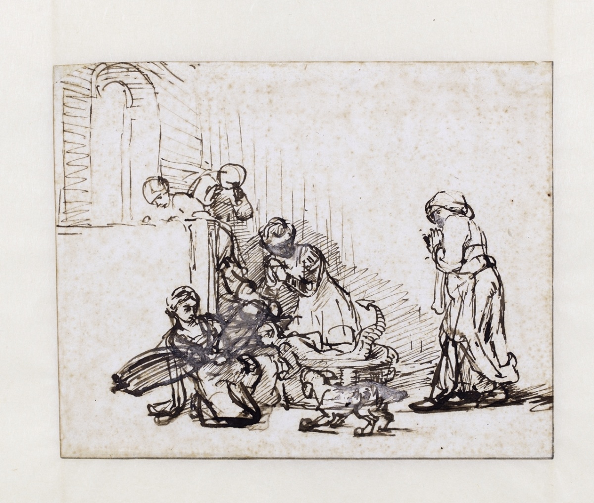 Attributed to Rembrandt, The daughters of Cecrops finding Erichthoneus, ca. 1640-1645, drawing, pen and brush with brown ink on white paper