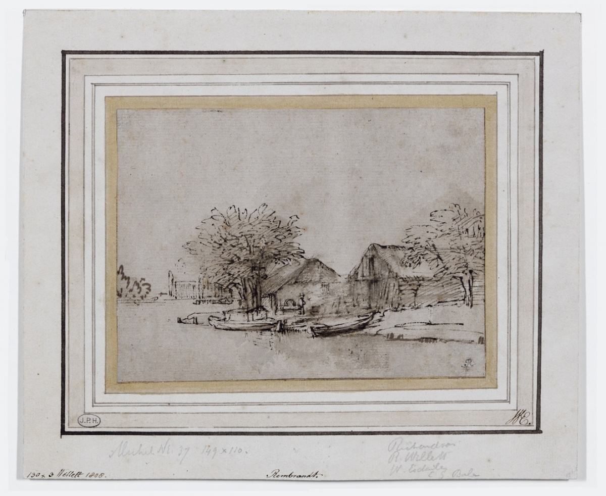 Toegeschreven aan Rembrandt, Schuitenwerf op het eiland bij de Overtoom, ca. 1641, Pen en penseel met bruine inkt met bruine wassingen op wit papier