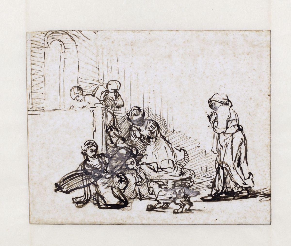 Attributed to Rembrandt, The daughters of Cecrops finding Erichthoneus, ca. 1640-1645, drawing, pen and brush with brown ink on white paper