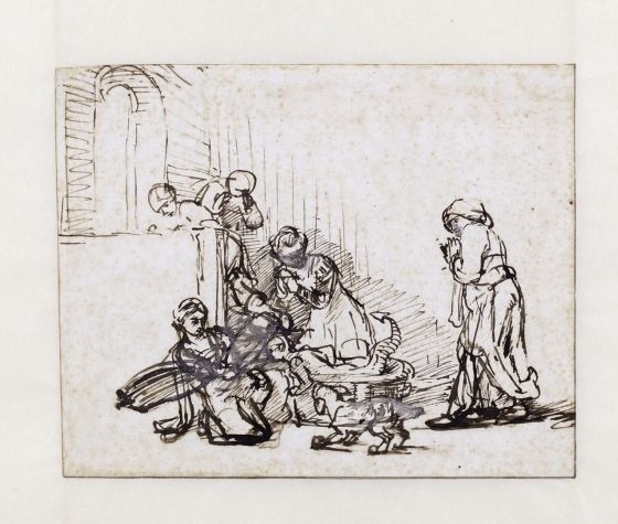 Toegeschreven aan Rembrandt, De dochters van Cecrops vinden Erichthonius, ca. 1640-1645, tekening, pen en penseel met bruine inkt op wit papier