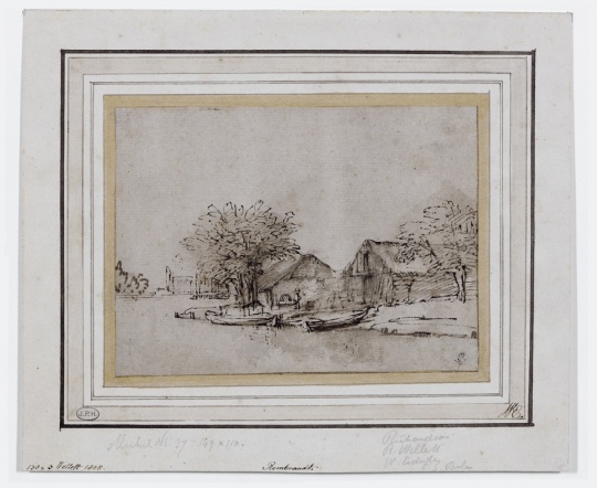 Attributed to Rembrandt, Boatyard on the island near the Overtoom, ca. 1641, Pen and brush and brown ink with brown washings on white paper