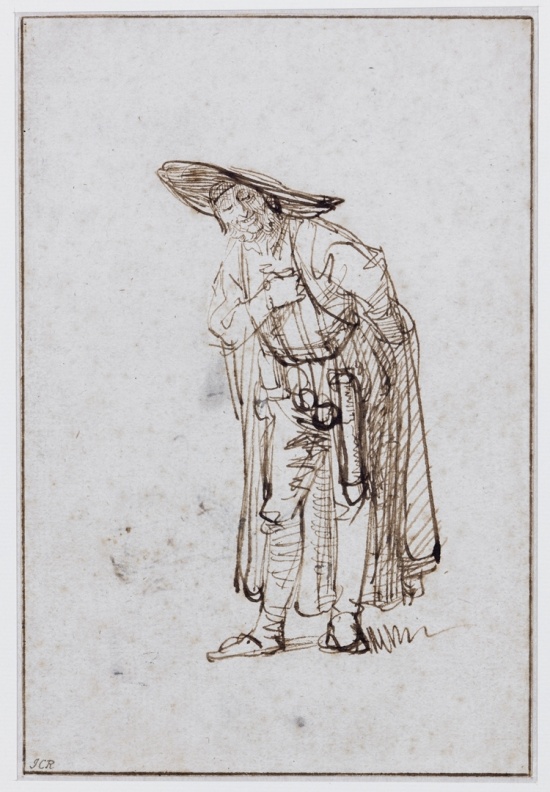 Rembrandt zugeschrieben, Ein Schauspieler als Pantalone um 1636-1640, Zeichnung, Feder und Pinsel mit brauner Tinte auf weißem Papier