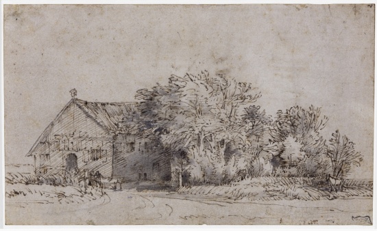 Attributed to Rembrandt, Farm with large group of trees, ca. 1626-1669, Pen and brush and brown ink with gray and brown washings on brownish paper