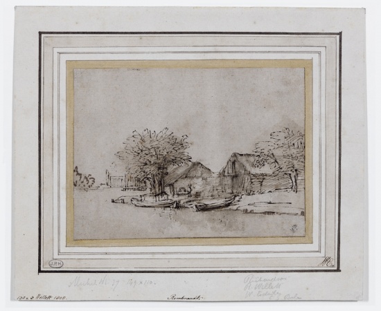 Attributed to Rembrandt, Boatyard on the island near the Overtoom, ca. 1641, Pen and brush and brown ink with brown washings on white paper