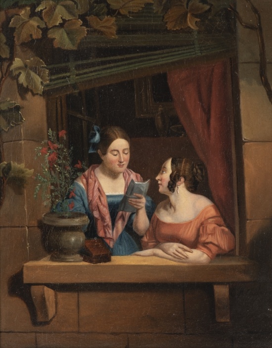 Schilderij 'een vertrouwelijke mededeling' uit tentoonstelling "Uit de Kunst".
