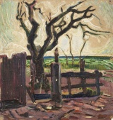 George Martens Deel van een erf in landschap z.j. Olieverf op doek 34,7 x 33 cm. Collectie Stichting De Ploeg, legaat Thijs Martens en Annemarie Martens-Bonnema, bruikleen Groninger Museum