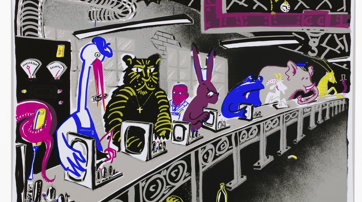 Walt Disney & Leonardo betrachten das Abendland, 1982, Peter Angermann